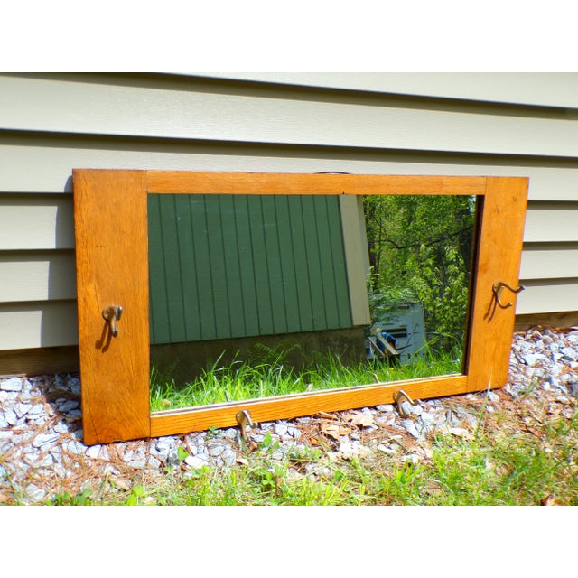 Mission Arts & Crafts Solid Oak Framed Entry Mirror Hat Coat Rack For Sale - Image 10 of 13