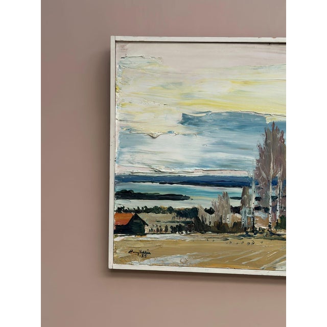 Original Swedish Oil on Panel – “Houses by the Shore” by Harry Sahlin – Vintage & Framed – 62 × 52 cm (24.4" × 20.5") A...