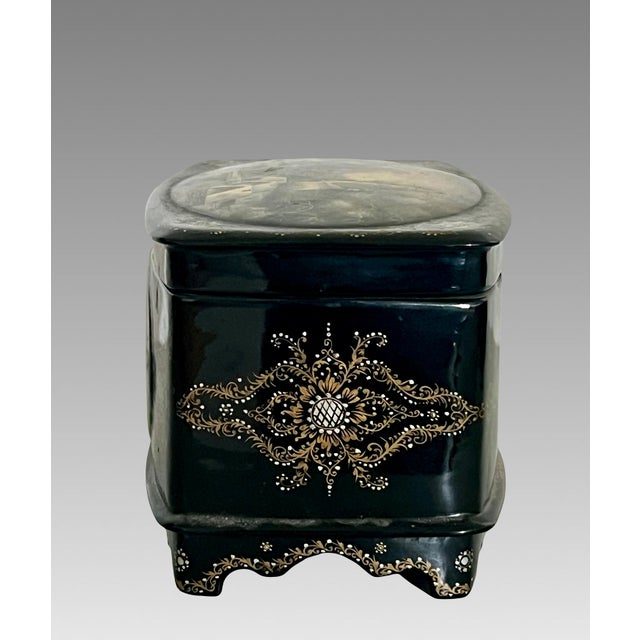 Traditional Vintage Russian Black Lacquer Fedoskino Box, Mother of Pearl Sunset, Winter Snow, Artist Signed & Dated For Sale - Image 3 of 13