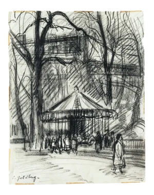 Park - Original Charcoal Drawing by S. Goldberg - Mid 20th Century Mid 20th Century