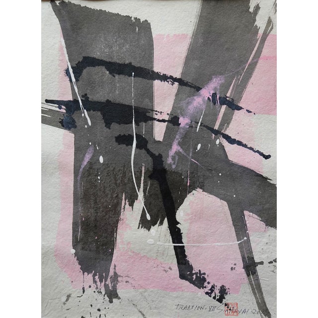 TRACTION. VI White framed abstract black stroke /pink painting This lively original painting on handmade parchment brings...