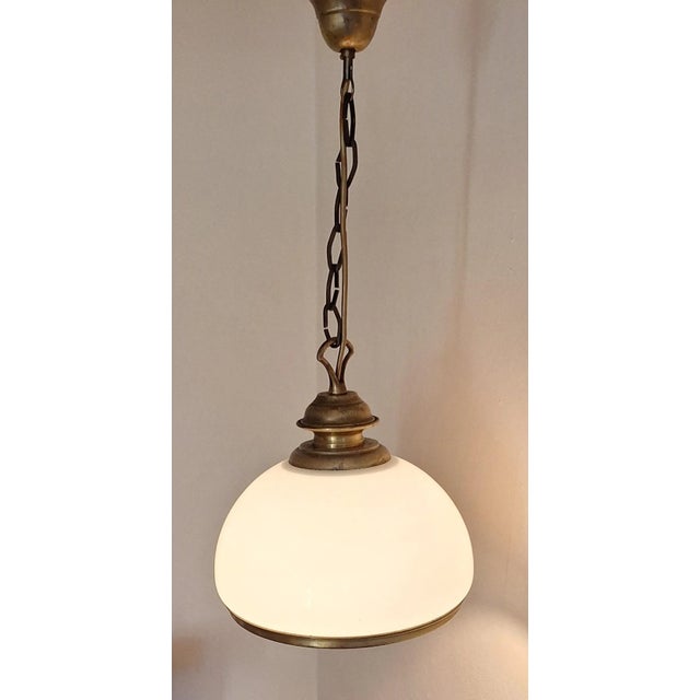 Rustic Vintage Rustic Ceiling Lamp with White Glass Shade on Brass Mount, 1980s For Sale - Image 3 of 7