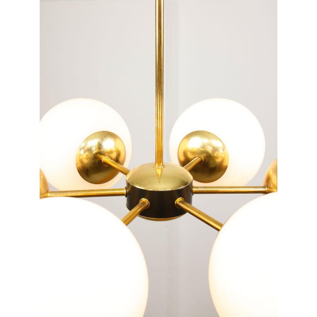Vintage Italian Six-Arm Sputnik Chandelier with Opaline Shades For Sale - Image 14 of 18