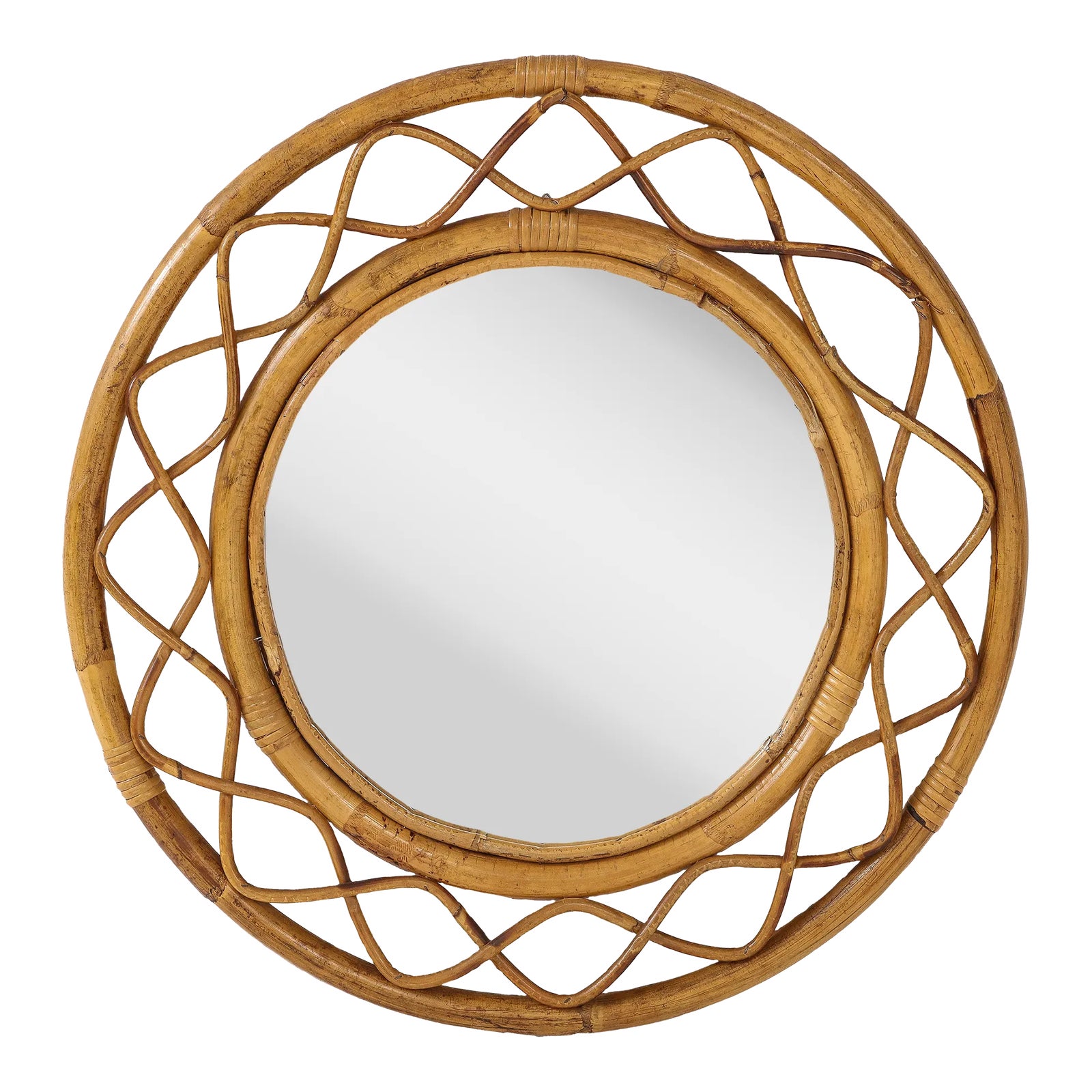 Midcentury French Braided Rattan and Bamboo Round Wall Mirror | Chairish