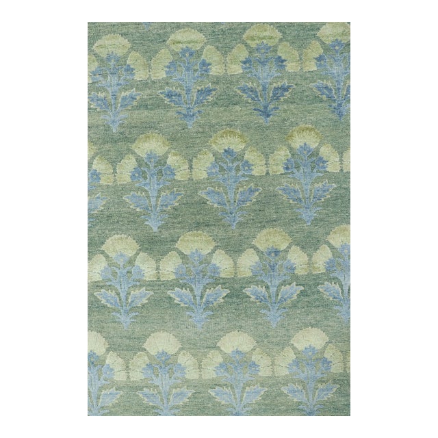 Rug & Kilim’s Custom Block Print Rug Design with Blue and Green Floral Pattern - 3x5 For Sale