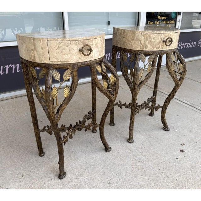 Contemporary Late 20th Century Pair of Tessellated-Faux Marble One-Drawer Tables With Metal Tree Branch Bases For Sale - Image 3 of 15
