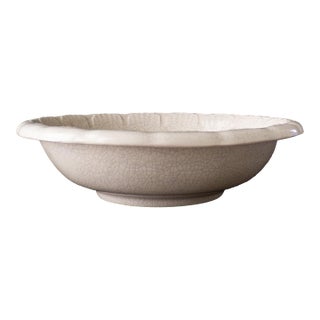White Oversized Studio Pottery Bowl With Scalloped Rim and Crackle Glaze For Sale