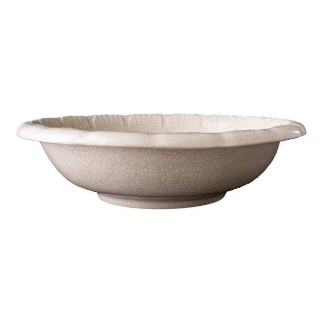 White Oversized Studio Pottery Bowl With Scalloped Rim and Crackle Glaze For Sale