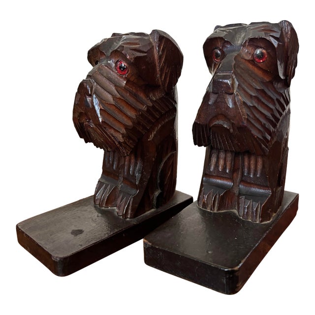1960's Carved Wood Scottie Dog Bookends - A Pair For Sale