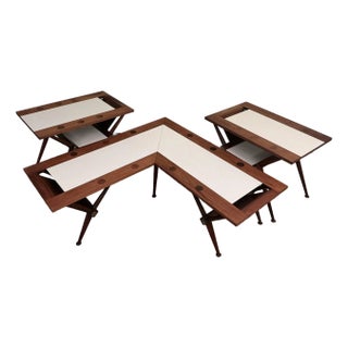 1960s Mid-Century Modern Teak and White Laminate Boomerang Coffee Table and Magazine Side Tables, 3 Piece Set For Sale
