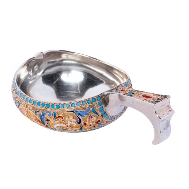White Antique Imperial Russian Silver Cloisonne Enamel Kovsh Ovchinnikov Moscow 1896 For Sale - Image 8 of 12