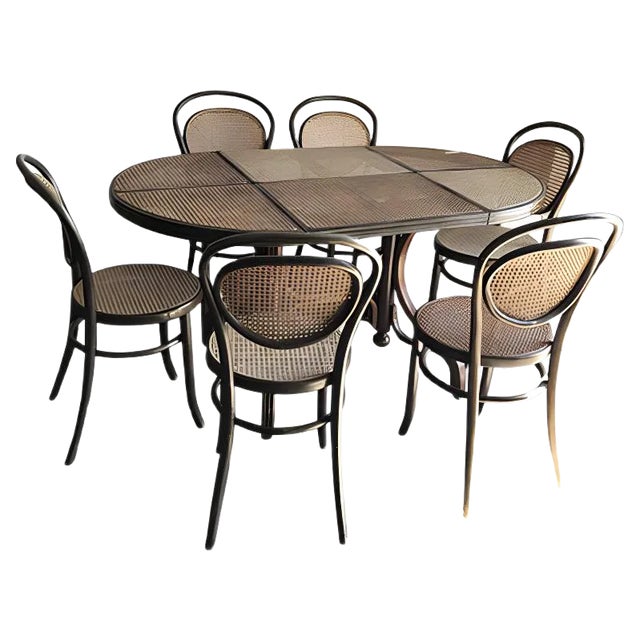 Oval Dining Chairs & Table in Wood Cane, Germany, 1960s, Set of 7 For Sale