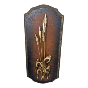 Vintage Brutalist Brass Cattail Wall Sculpture on Shield Plaque, 1970s Hollywood Regency