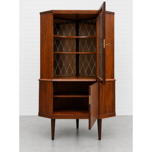 Mid Century Modern Teak Corner China or Liquor Cabinet, Made in Denmark. C. 1960's For Sale - Image 4 of 14