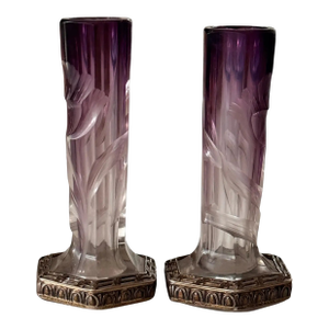 Pair of Vintage Art Nouveau Crystal Cut Vases by Moser