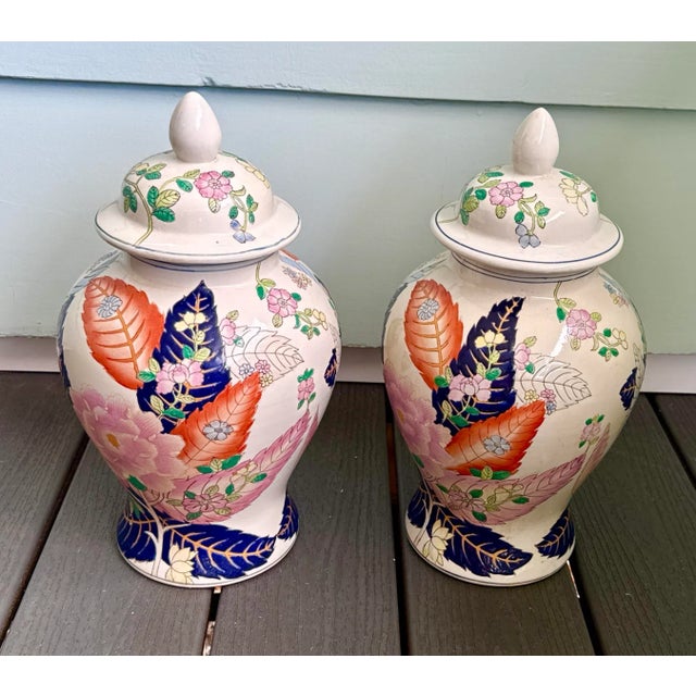 Chinoiserie Vintage Hand Painted Tobacco Leaf Ginger Jars - A Pair, 16" Tall For Sale - Image 3 of 14