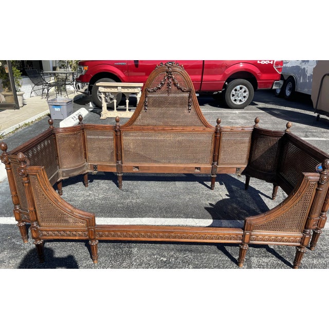Antique French Cane Daybed With Carved Roses and Velvet Upholstery For Sale - Image 10 of 13