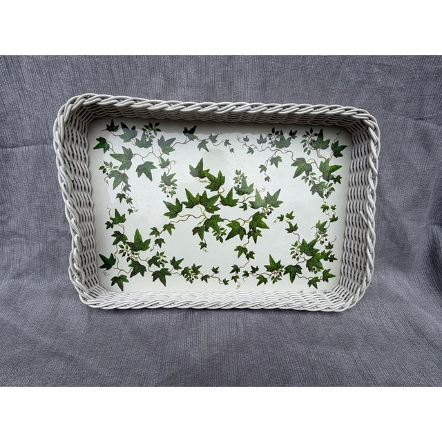 Vintage White Faux Wicker Green Ivy Vine Serving Tray For Sale - Image 14 of 18