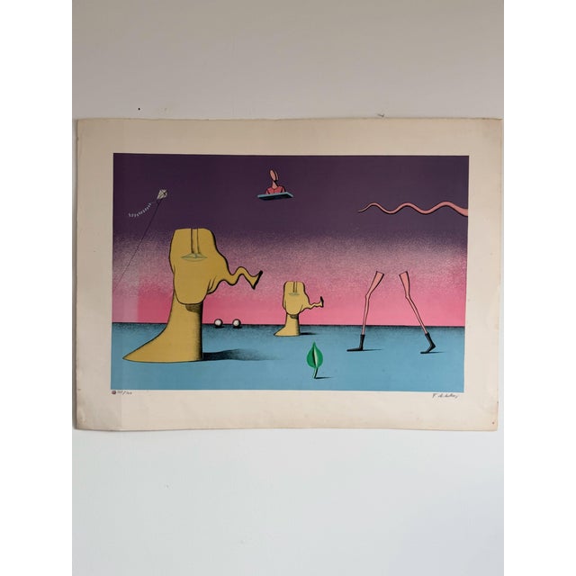 Large colour lithograph with surreal figures by Finn Mickelborg, from the 2000s. Signed in pencil and numbered 135/160....