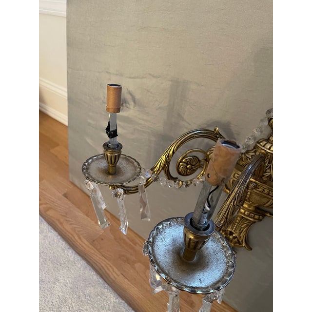 Pair of Antique French Brass and Crystal Electric Sconces For Sale - Image 4 of 12