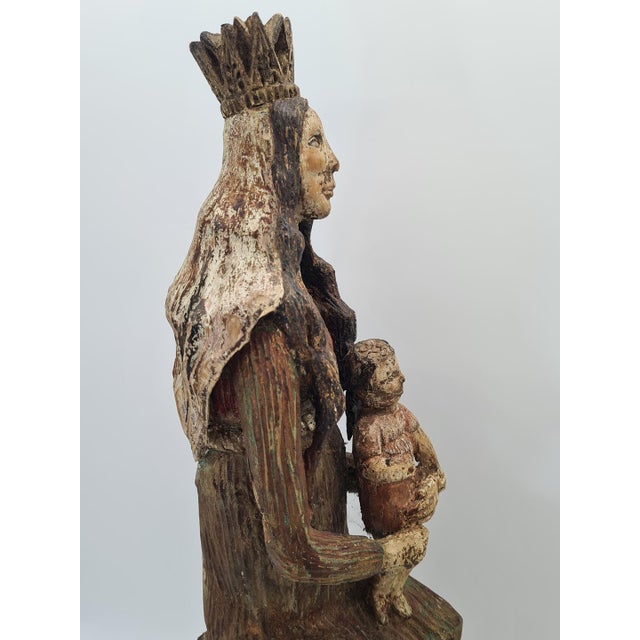 Hand-Carved and Polychromed Wooden Folk Sculpture of the Virgin Mary with Child, Early 20th Century For Sale - Image 6 of 15