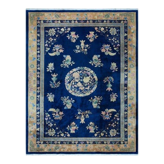 1920s Navy Blue Floral Vase Antique Chinese Art Deco Rug 8' 9'' X 11' 6'' Wool Knotted Carpet For Sale