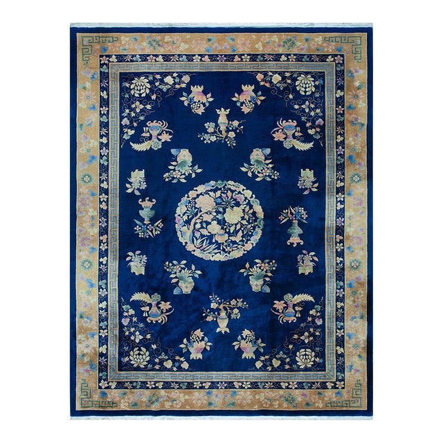 1920s Navy Blue Floral Vase Antique Chinese Art Deco Rug 8' 9'' X 11' 6'' Wool Knotted Carpet For Sale