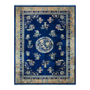 1920s Navy Blue Floral Vase Antique Chinese Art Deco Rug 8' 9'' X 11' 6'' Wool Knotted Carpet