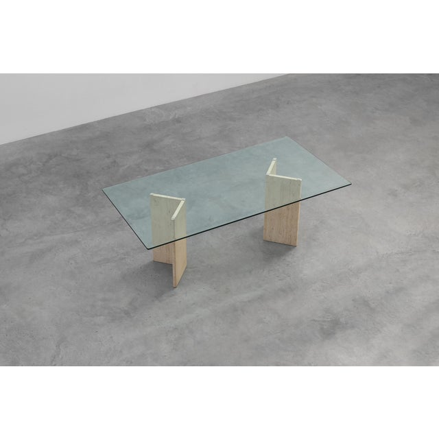 Mid‑Century Italian Dining Table with Glass Top and Travertine Base, 1970s For Sale - Image 9 of 11
