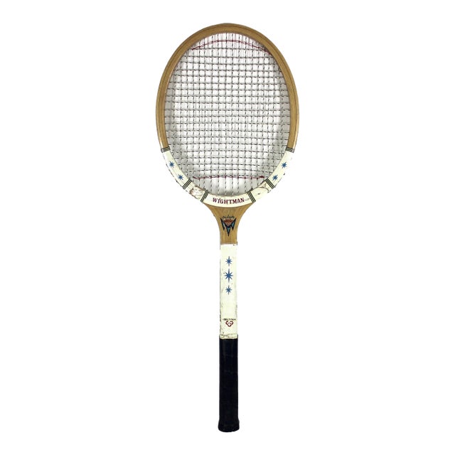 Vintage Wooden Tennis Racket With Atomic Stars for Designer Decorating Wood Racquet Beach House For Sale