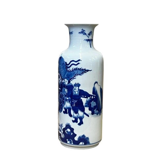 2010s Chinese Blue White Porcelain Straight Body People Theme Vase For Sale - Image 5 of 6