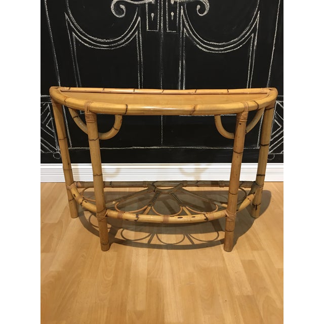 1970s Mid Century Bamboo, Rattan, Flower Demi Lune Foyer Table For Sale - Image 6 of 6