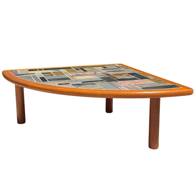 A signed Sallingboe Jelling Danish Modern mosaic tile cocktail table handcrafted in Denmark during the 1970s. This...