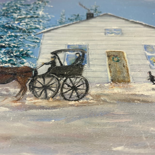 1980s Original Oil Painting Winter Village Church by Lea Topliff Framed For Sale - Image 9 of 12