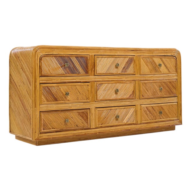 Gabriella Crespi Style Split Reed Bamboo 9 Drawer Lowboy Dresser For Sale