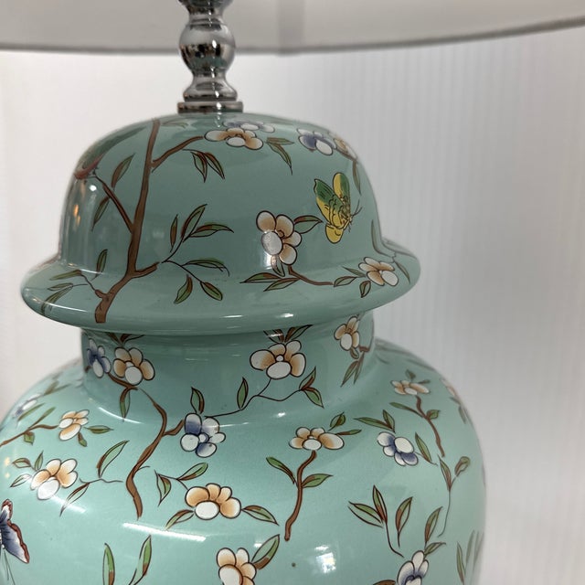 Late 20th Century Jade Green Ceramic Table Lamp With Butterflies + Birds For Sale - Image 12 of 12