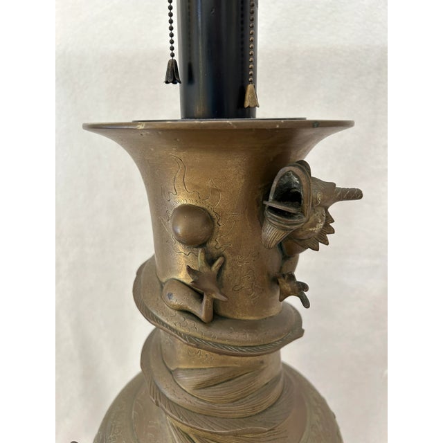 Antique Chinese Bronze Relief Dragon Vase Double Socket Table Lamp For Sale In West Palm - Image 6 of 12