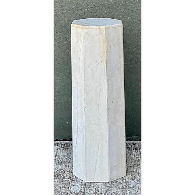 Hollywood Regency Vintage Medium White Marble Hexagonal Pedestal For Sale - Image 3 of 12