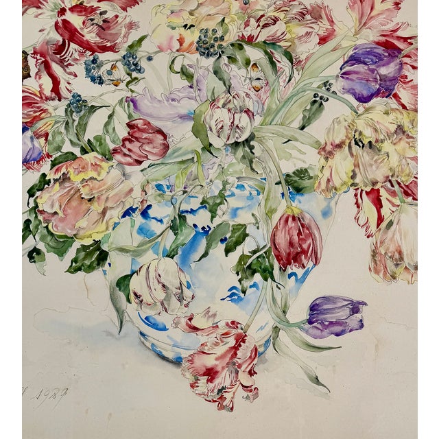 A large floral still life watercolor and pencil on paper by Wefe Deliss, signed and dated 1989. This original work depicts...