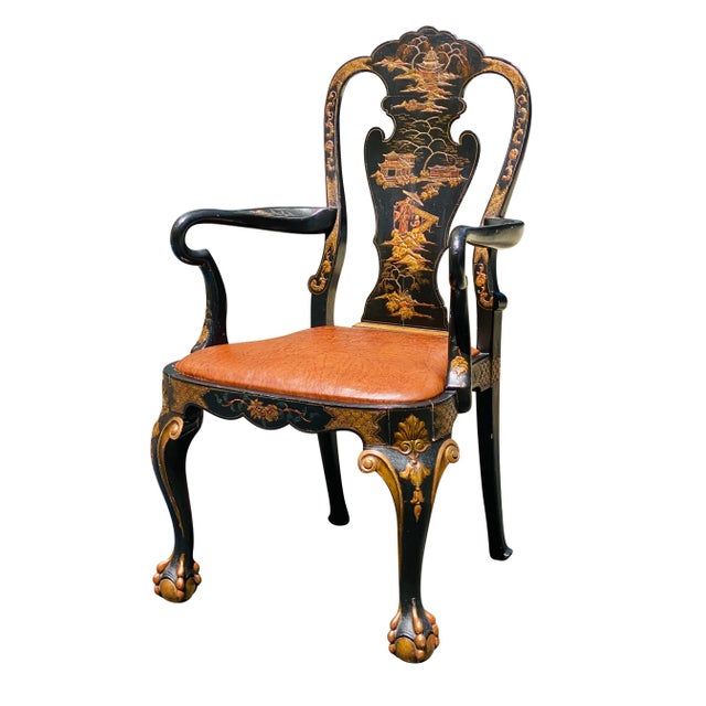 Chinoiserie Vintage Chinese Chippendale Antique Style Chair With Leather Seat For Sale - Image 3 of 13