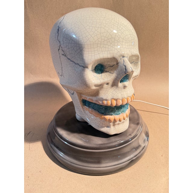 Pink Vintage Hand Painted Skull Light Up Lamp Halloween Decor For Sale - Image 8 of 11