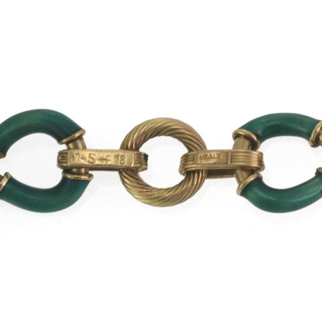 Contemporary Vintage 18k Yellow Gold Green Enamel Infinity Link Bracelet For Sale - Image 3 of 4