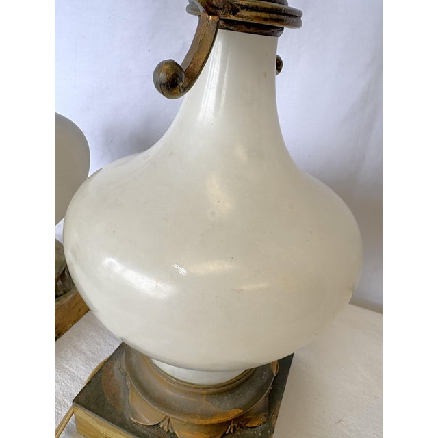 Antique Art Deco/ Hollywood Regency Style Alabaster Table Lamps With Bronze Figureheads- A Pair For Sale - Image 17 of 18