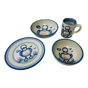 Vintage m.a. Hadley Duck Motif Stoneware Country Scene Blue - Set of 4 Pieces