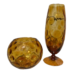 Vintage Italian Amber Empoli Optic Glass Vases - Set of 2