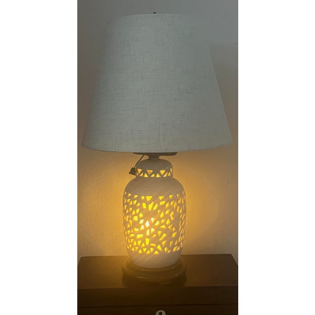 Chinoiserie Mid Century Chinoiserie Blanc De Chine Bedside Table Lamp Doubles as a Nightlight For Sale - Image 3 of 9