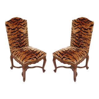 Pair of Vintage Regence Style Walnut Side Chairs in Silk Tiger Velvet For Sale