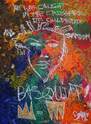 "Basquiat: Caught in the Crossfire" Contemporary Neo Expressionist Painting by Sax Berlin