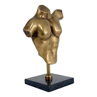 Vintage 1960s Cast Brass Torso Sculpture on Black Granite Stone Base For Sale