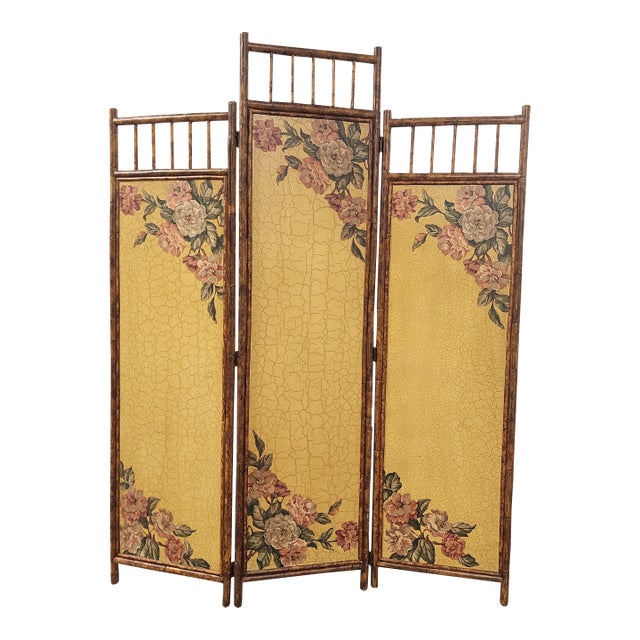 Vintage Tortoise Bamboo 3-Fold Screen Room Devider For Sale